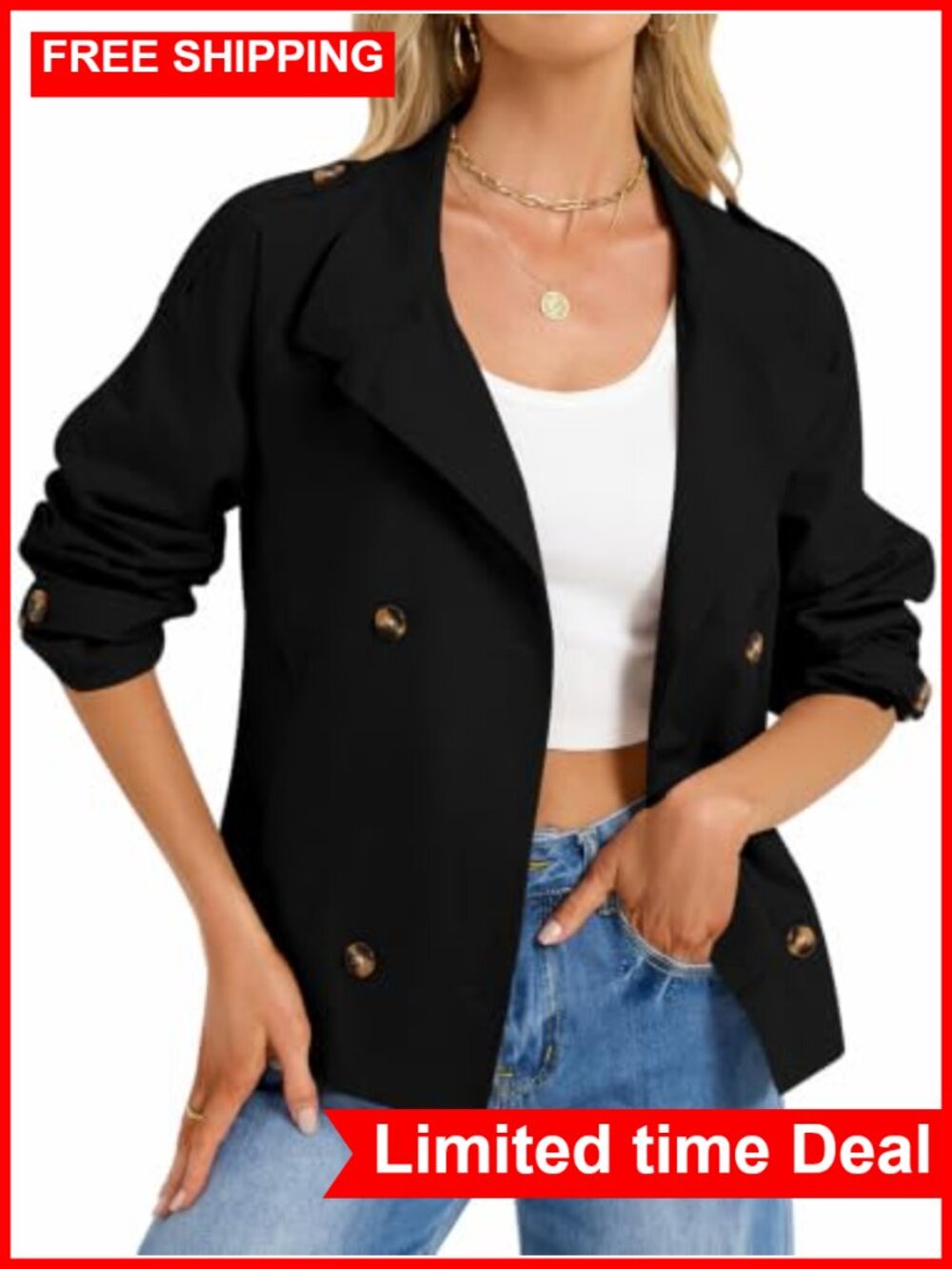 Cropped Trench Coat Double Breasted Belted Jacket Women
